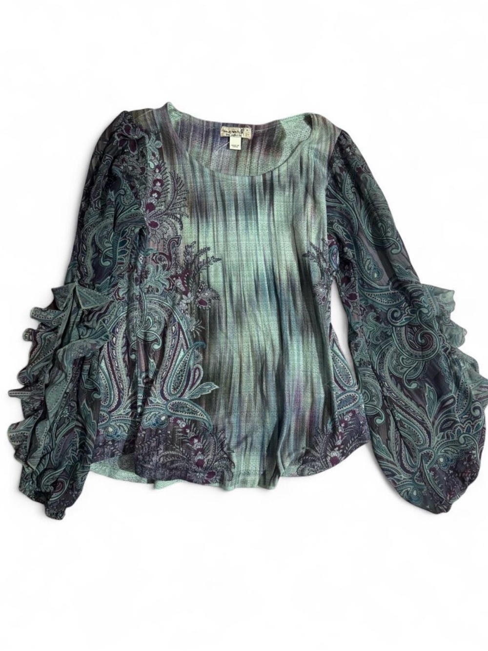ONE WORLD Teal Paisley Ruffle-Sleeve Blouse